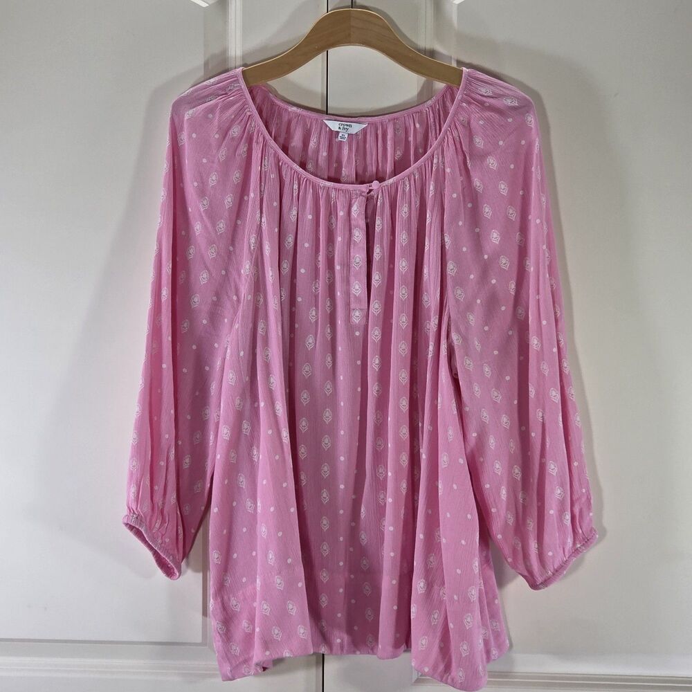 Crown & Ivy Pink Peasant Blouse Top XL Boho Floral Dot 3/4 Sleeve Gauze Barbieco - Picture 2 of 11